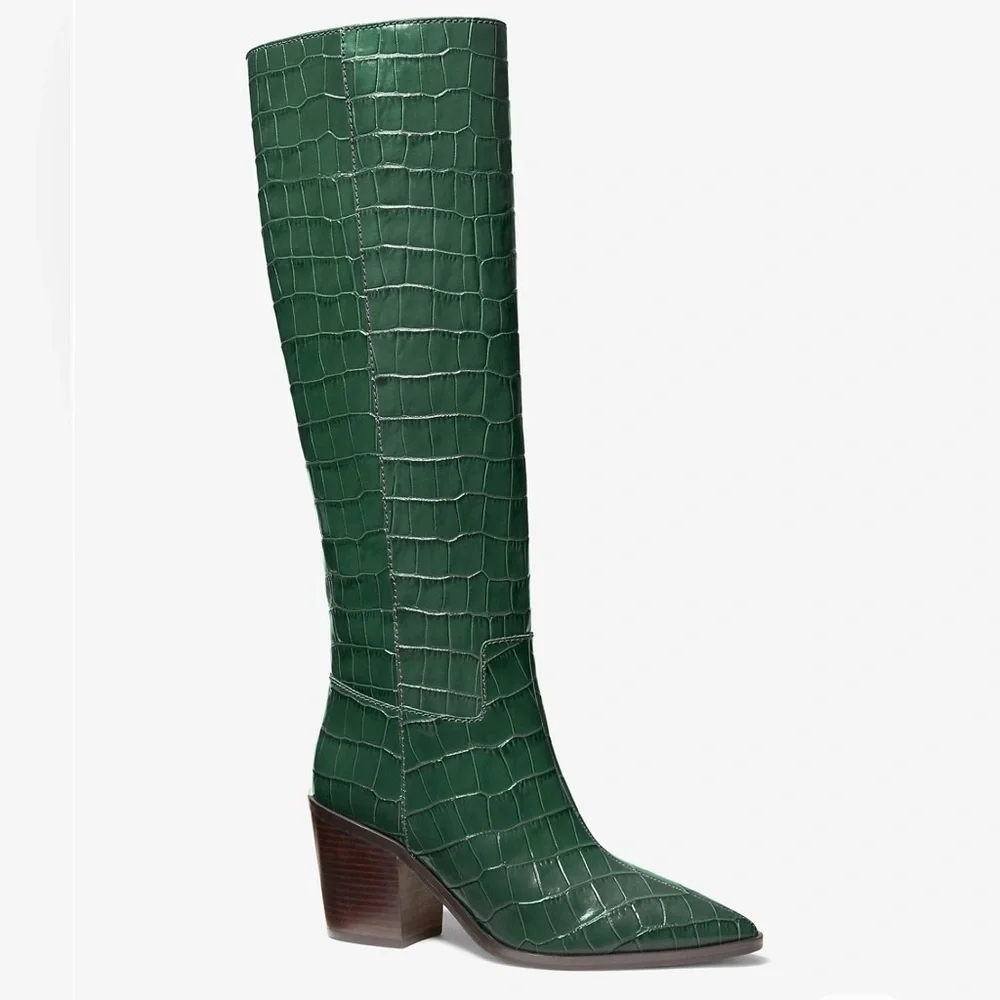 Michael Kors Loni Moss Green Embossed Croc Leather Knee-High Boots US 7M NIB